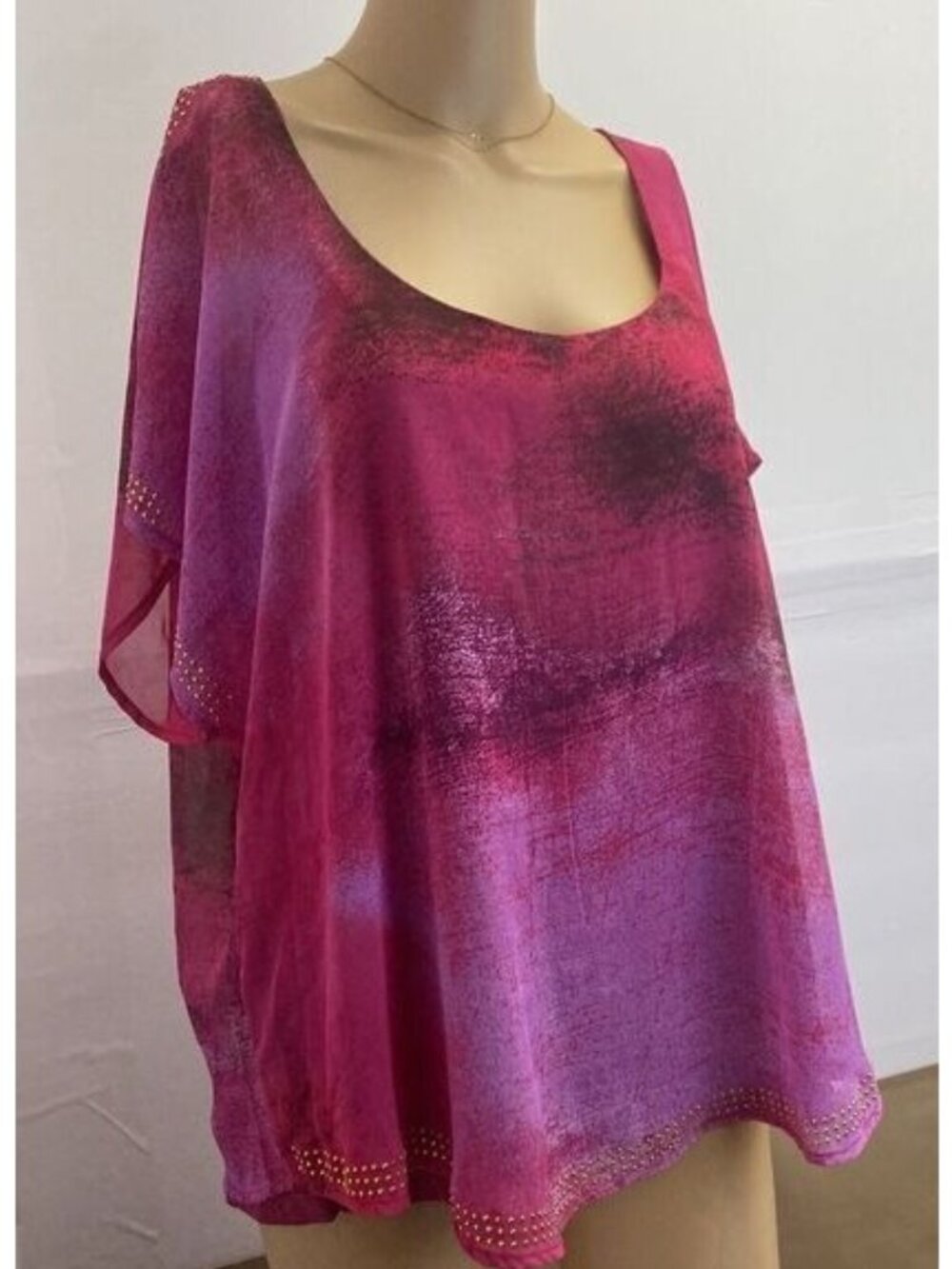 World Unity Top Womens 0X Pink Stretch Lined Chiffon Overlay Gold Studded Trim
